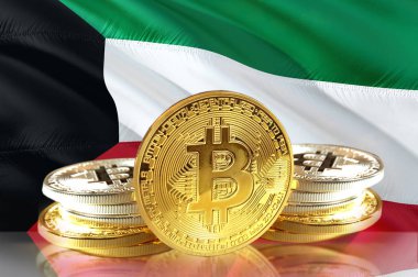 Kuveyt bayrağı, Cryptocurrency, dijital para kavramı fotoğraf sikkelerinde Bitcoin