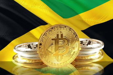 Jamaika'nın bayrak, Cryptocurrency, dijital para kavramı phot sikkelerinde Bitcoin