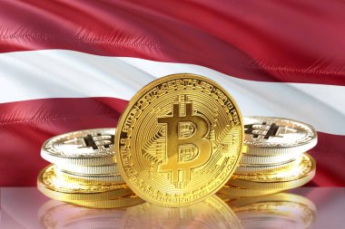Letonya'nın bayrak, Cryptocurrency, dijital para kavramı fotoğraf sikkelerinde Bitcoin
