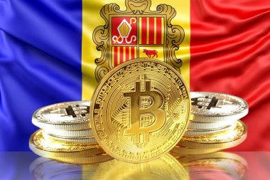 Andorra'nın bayrak, Cryptocurrency, dijital para kavramı fotoğraf sikkelerinde Bitcoin