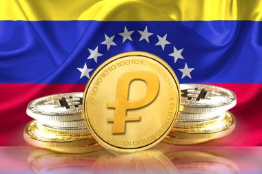Petro Coins on Venezuela's flag, Cryptocurrency concept photo clipart