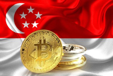 Singapur'un bayrak, Cryptocurrency konsept fotoğraf sikkelerinde Bitcoin