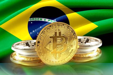 Brezilya'nın bayrak, Cryptocurrency konsept fotoğraf sikkelerinde Bitcoin