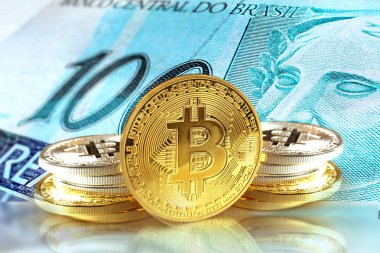 Brezilya'nın banknot, Cryptocurrency kavramı phot sikkelerinde Bitcoin