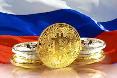 Rusya'nın bayrak, Cryptocurrency konsept fotoğraf sikkelerinde Bitcoin