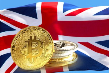 İngiltere'nin İngiliz bayrağı, Cryptocurrency konsept fotoğraf sikkelerinde Bitcoin