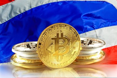 Tayland'ın bayrağı, Cryptocurrency konsept fotoğraf sikkelerinde Bitcoin