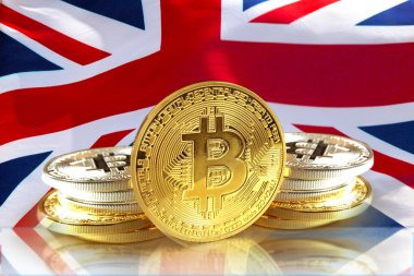 İngiltere'nin İngiliz bayrağı, Cryptocurrency konsept fotoğraf sikkelerinde Bitcoin
