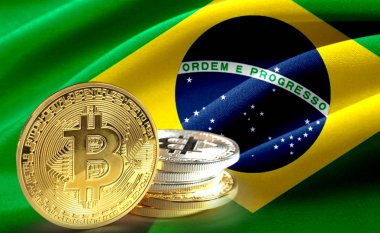 Bitcoin paraları Brezilya bayrağı, Cryptocurrency konsept fotoğraf