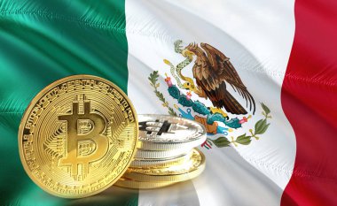 Meksika bayrağı, Cryptocurrency konsept fotoğraf sikkelerinde Bitcoin