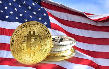 Bitcoin paraları ABD bayrağı, Cryptocurrency konsept fotoğraf