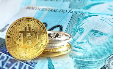 Brezilya Reali banknot, Cryptocurrency konsept fotoğraf sikkelerinde Bitcoin