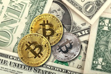 Bize dolarlık banknot, Cryptocurrency kavramı phot sikkelerinde Bitcoin