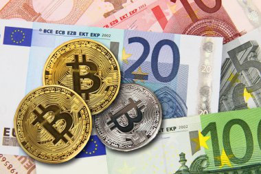 Euro banknot, Cryptocurrency konsept fotoğraf sikkelerinde Bitcoin
