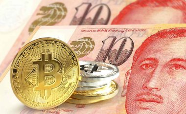 Singapur Doları banknot, Cryptocurrency kavramı phot sikkelerinde Bitcoin