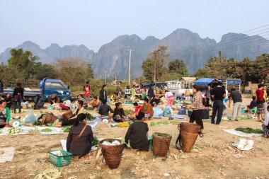 Vang Vieng, Laos-5 Mayıs 2017: Laos, Vang Vieng dışında Village sabah pazarında yürüyüş
