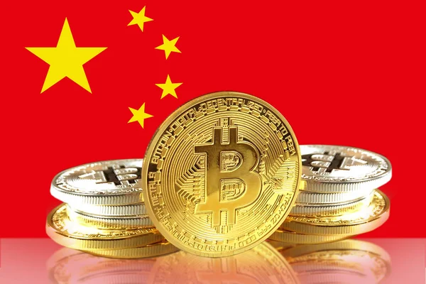 Bitcoin Pièces Sur Drapeau Chine Concept Crypto Monnaie Phot — Photo