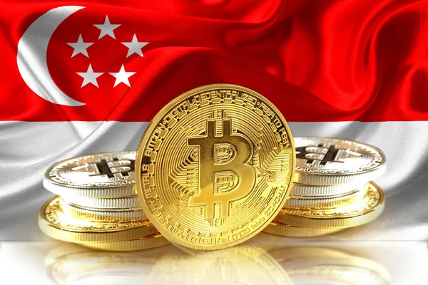 Bitcoin coins on Singapore's flag, Cryptocurrency concept photo