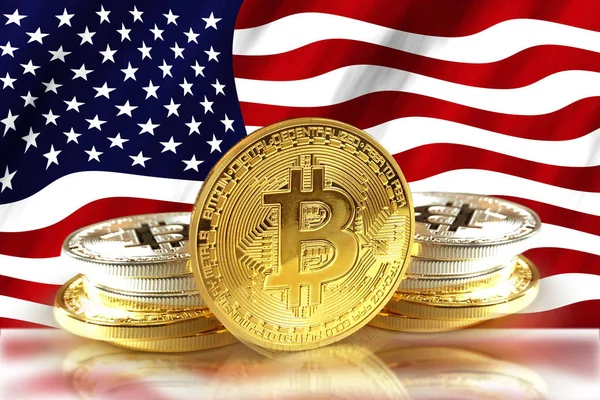 Bitcoin paraları ABD bayrağı, Cryptocurrency konsept fotoğraf