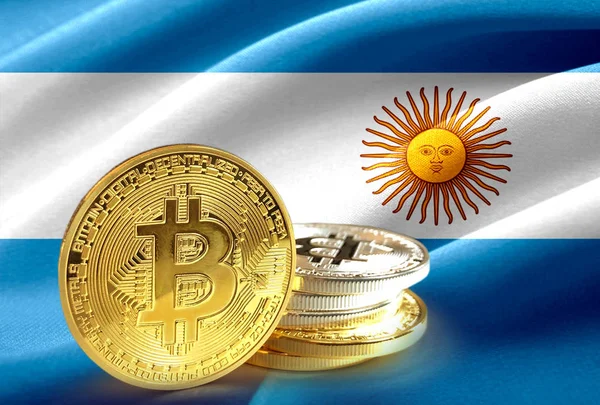 Monete Bitcoin Sulla Bandiera Argentina Cryptocurrency Concept Phot — Foto Stock