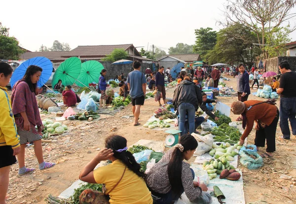 Vang Vieng, Laos-5 Mayıs 2017: Laos, Vang Vieng dışında Village sabah pazarında yürüyüş