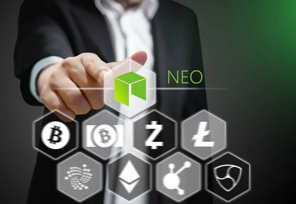 Concept Photo Business Man Points His Finger Neo Icon Cryptocurrency — Stock Photo, Image