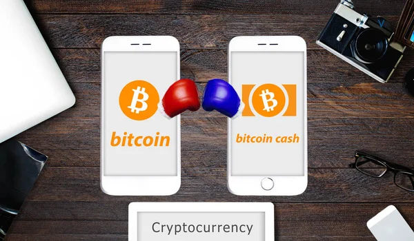 Conceito Criptomoeda Bitcoin Bitcoin Batalha Dinheiro — Fotografia de Stock