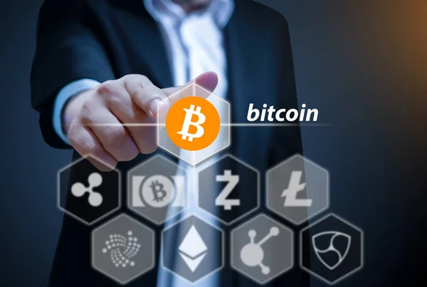 Concept Photo Business Man Points His Finger Bitcoin Icon Cryptocurrency — Stock Photo, Image