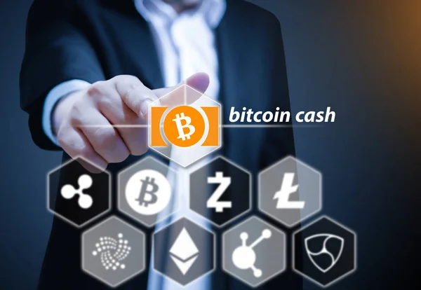 Foto Conceito Homem Negócios Aponta Dedo Ícone Bitcoin Cash Criptomoeda — Fotografia de Stock