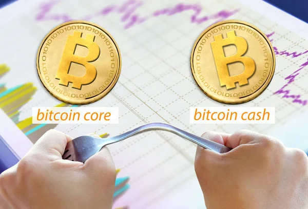 Conceito Bitcoin Hardfork Dividido Duas Moedas Bitcoin Dinheiro Criptomoeda — Fotografia de Stock