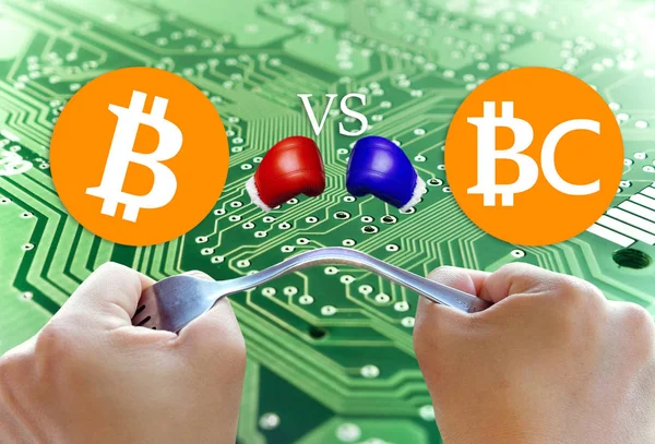 Conceito Bitcoin Hardfork Dividido Duas Moedas Bitcoin Dinheiro Criptomoeda — Fotografia de Stock