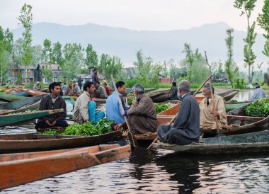 Srinagar, Hindistan - 25 Nisan, 2017: Keşmir adam üretmek Dal göle yüzen Pazar sabah erken alarak.