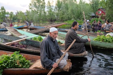 Srinagar, Hindistan - 25 Nisan, 2017: Keşmir adam üretmek Dal göle yüzen Pazar sabah erken alarak.