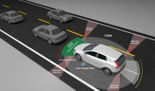 Lidar ve Emniyet sensörleri kullanın, sol trafik, 3d render gösterilen özerk kendi kendine sürüş elektrikli otomobil.