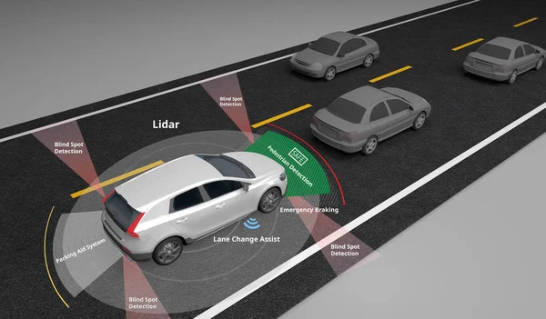 Özerk elektrikli otomobil gösteren kendi kendine sürüş Lidar ve Emniyet sensörleri, 3d render kullanın.