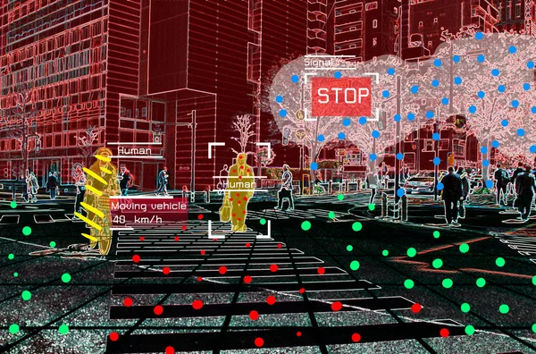 自律運転の概念を示し、Lidar、レーダーとカメラのセンサー信号システム、自己運転 — ストック写真