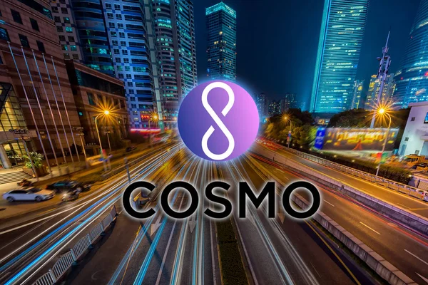 Concept of COSMO coin moving fast on the road, a Cryptocurrency blockchain platform , Digital money