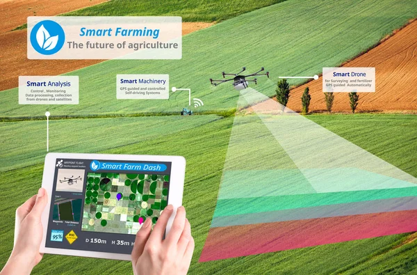 Smart farming, Hi-Tech Agriculture revolution, Drone AI automatic, Conceptual