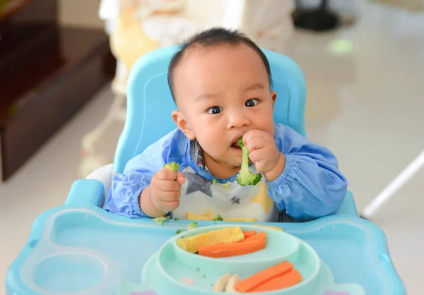 Asyalı erkek bebek 6 aylık Bebek Led Weaning (Blw) yöntemi ile yeme, Self-Beslenme