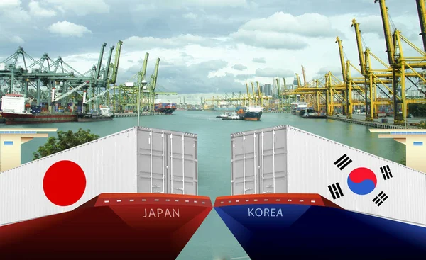 Image conceptuelle du Japon guerre commerciale Corée du Sud, Japon Interdiction d'exportation, Boycott, Conflit économique, Tensions — Photo