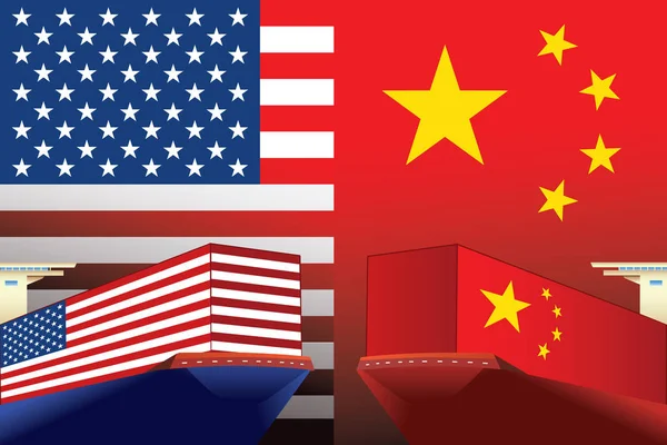Imagen conceptual de la guerra comercial entre Estados Unidos y China, conflicto económico, aranceles estadounidenses a las exportaciones a China, fricciones comerciales — Vector de stock
