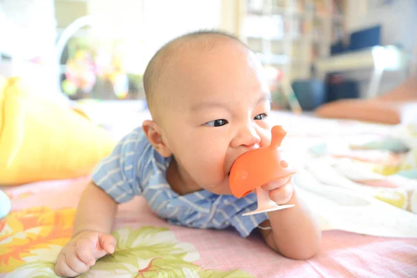 Carino poco asiatico bambino ragazzo masticare dentizione — Foto Stock