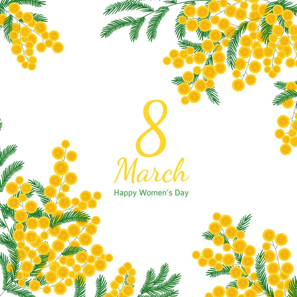 Ilustración vectorial para tarjeta de felicitación de 8 marzo con ramas de mimosa — Vector de stock