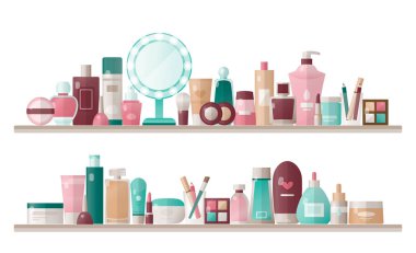 Beyaz arka planda izole kozmetik ürünleri ile Raflar