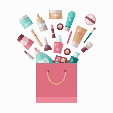 Alışveriş çantasında kozmetik ürünlerin vektör illüstrasyon