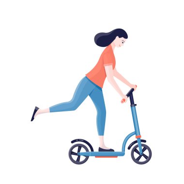 Beyaz arka planda scooter süren kadın.
