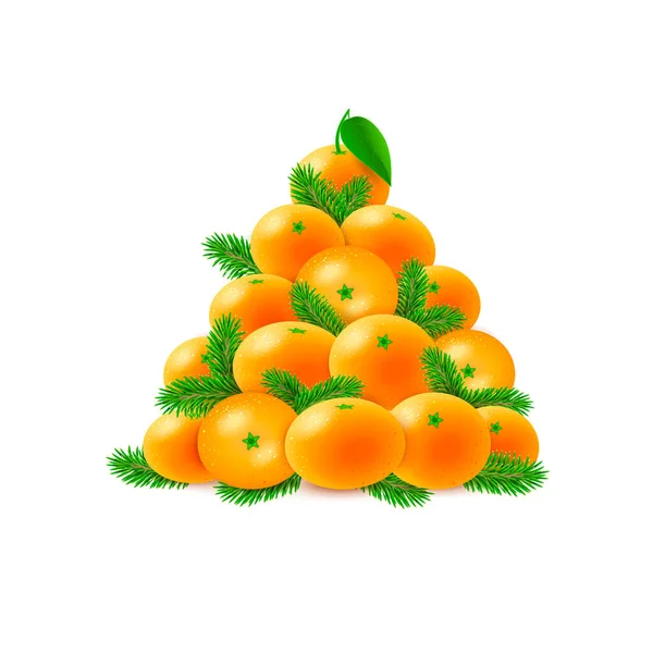 Las mandarinas y las ramas de abeto en forma de árbol de cono de año nuevo — Vector de stock