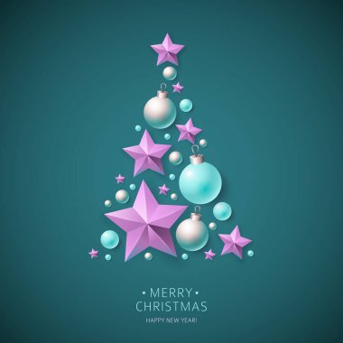 Menekşe rengi kağıt yıldızlardan, gümüş ve mavi toplardan ve koyu arkaplanda boncuklardan oluşan Noel ağacı konisi.