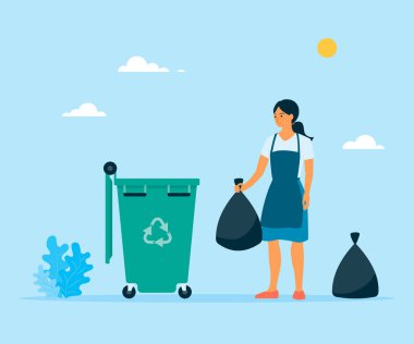 Çöp konteynırının yanındaki taşıyıcı kız. İzole edilmiş vektör kadın karakter çöp kutusuna çöp atıyor..