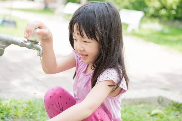 Cute Girl Smiling Happily Washing Hands — Stock Photo, Image